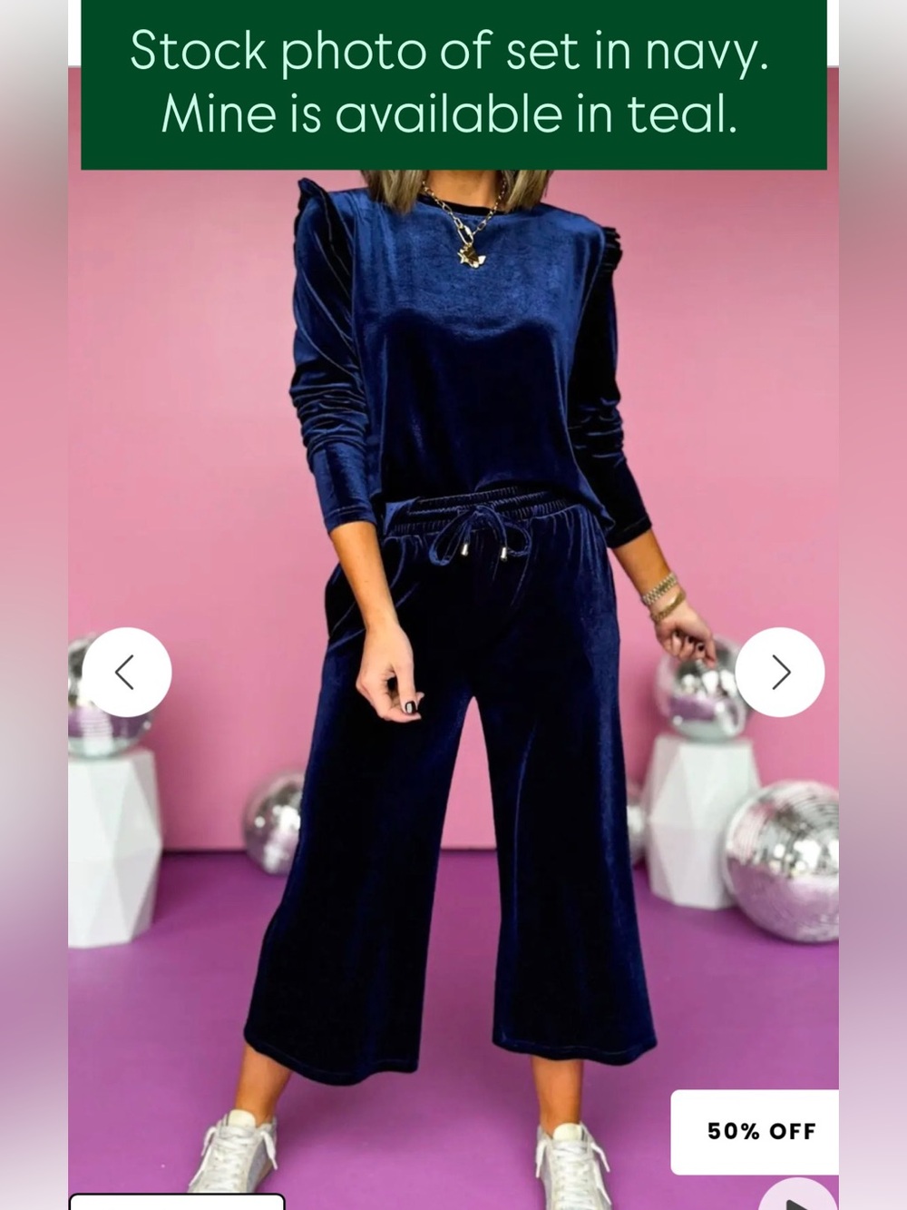 Ssys Velvet Drawstring Wide Crop pants & Ruffle Shoulder Top - Teal Green - Picture 4 of 4